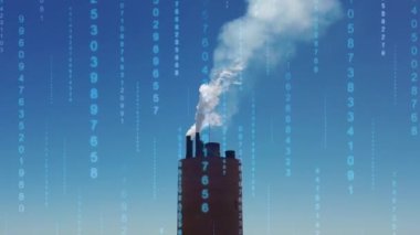 Baca zehirli gaz dumanı. İklim değişikliği. İklim kontrolü. Baca fabrikasındaki hava kirliliği dumanı ikili kod sayımı yapıyor. Dioksit karbon emisyon azaltma verileri sayılıyor. Kirlilik havası.