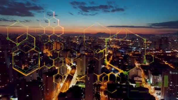 Paisaje Urbano Aéreo Ciudad Inteligente Con Efecto Seguridad Cibernética Futurista — Vídeos de Stock