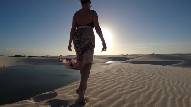 Панорамный Закат Пейзажа Lencois Maranh Brazil Сценические Песчаные Дюны Бирюзовые — стоковое видео