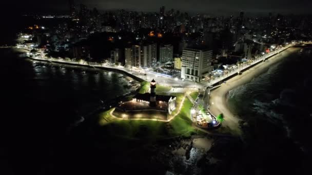 Vista Aérea Nocturna Tarjeta Postal Turística Centro Salvador Bahía Brasil — Vídeo de stock