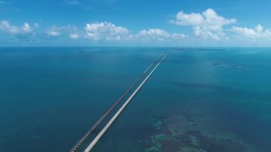Florida Keys takımadalarındaki göz kamaştırıcı adaların panorama manzarası. Tropik ufuk çizgisi. Seyahat güzergahı. Turkuaz körfez suyu.