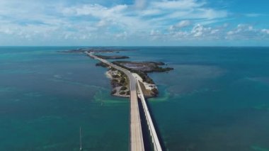 Florida Keys takımadalarındaki göz kamaştırıcı adaların panorama manzarası. Tropik ufuk çizgisi. Seyahat güzergahı. Turkuaz körfez suyu.