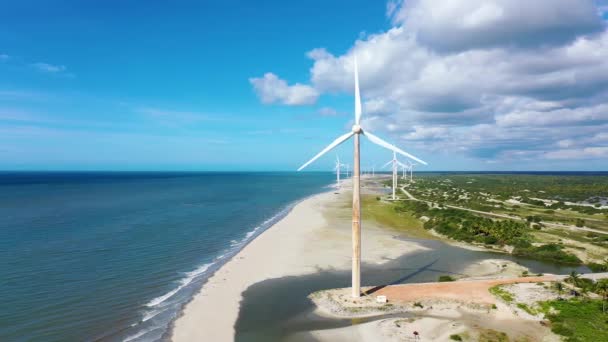 Северо Восток Бразилии Эолийская Турбина Пляже Штате Сеара Пляж Песчаными — стоковое видео