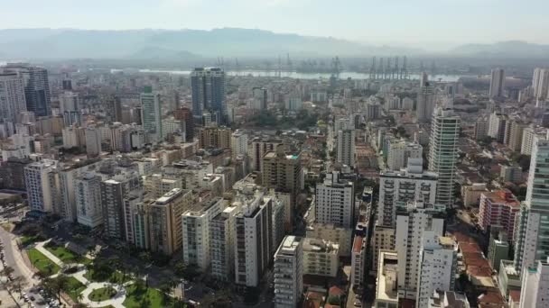 Panning Wide Coastal City Santos São Paulo Brasil Paisagem Aérea — Vídeo de Stock