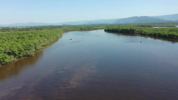 Panorámica Amplia Vista Del Tranquilo Río Darm Ciudad Costera Itanhaem — Vídeo de stock