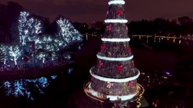 Şehir yaşamındaki aydınlatılmış Noel Ağacı 'nın gece hava görüntüsü. Kutlama manzarası. Christimas Ağacı ve Noel zamanı Ibirapuera Park Sao Paulo 'da. Tatiller için dekorasyon.