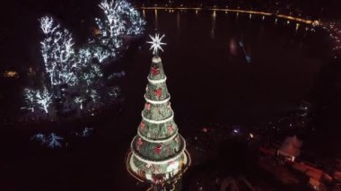 Şehir yaşamındaki aydınlatılmış Noel Ağacı 'nın gece hava görüntüsü. Kutlama manzarası. Christimas Ağacı ve Noel zamanı Ibirapuera Park Sao Paulo 'da. Tatiller için dekorasyon.