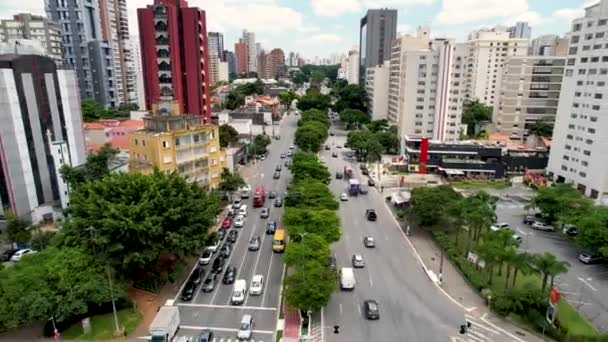 サンパウロのダウンタウンにあるReboucas通りとブラジル通りの間の有名な交差点 サンパウロのダウンタウンの有名な通りでオフィスタワーの建物や車両の交通ブラジル — ストック動画