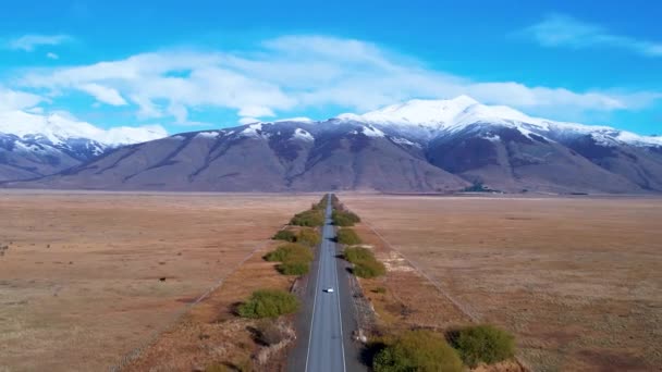アルゼンチンのパタゴニア パタゴニア アルゼンチンのエル カラファテの町で有名な道路 パタゴニアの道路景観 ネバダ山と砂漠の風景の素晴らしい風景です カラファテ アルゼンチンパタゴニア — ストック動画