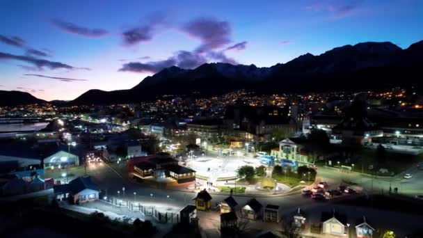 Tierra Del Fuego Daki Ushuaia Arjantin Günbatımı Şehri Dağlar Arasındaki — Stok video