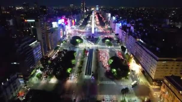 Illuminated Avenue Downtown Buenos Aires Argentina Night Panning Wide Landscape — Stockvideo
