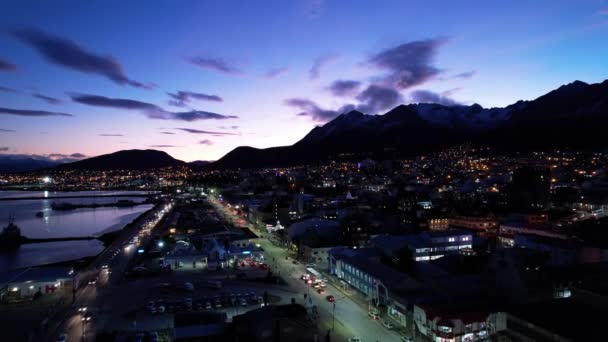 Sunset Cityscape Town Ushuaia Argentina Tierra Del Fuego Sunset Landscape — Vídeo de Stock