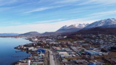 Downtown Ushuaia Argentina at Tierra del Fuego. Natural landscape of scenic town between mountains. Ushuaia Argentina. Patagonia Argentina at Ushuaia Tierra del Fuego Argentina. Downtown city.