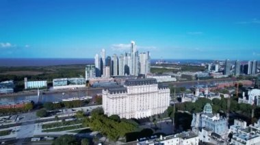 Corporate Buildings Buenos Aires Argentina. Panning wide landscape of tourism landmark downtown of capital of Argentina. Tourism landmark. Outdoors downtown city. Urban scenery of Buenos Aires city.