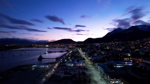 Sunset Cityscape Town Ushuaia Argentina Tierra Del Fuego Захід Пейзажу — стокове відео