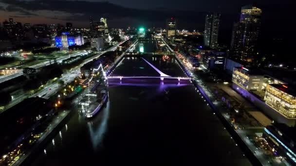 Puerto Madero Noite Centro Buenos Aires Argentina Noite Panning Ampla — Vídeo de Stock