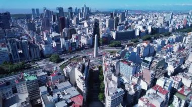Obelisk Monument Buenos Aires Argentina. Panning wide landscape of tourism landmark downtown of capital of Argentina. Tourism landmark. Outdoors downtown city. Urban scenery of Buenos Aires city.