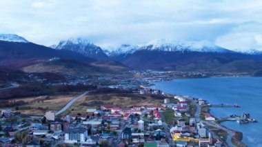 Downtown Ushuaia Argentina at Tierra del Fuego. Natural landscape of scenic town between mountains. Ushuaia Argentina. Patagonia Argentina at Ushuaia Tierra del Fuego Argentina. Downtown city.