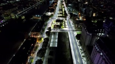 Landmark Avenue Downtown Buenos Aires Argentina. Night panning wide landscape of tourism landmark downtown district. Tourism landmark. Outdoor downtown city. Urban scenery of Buenos Aires city.
