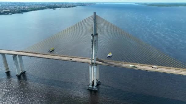 Innenstadt Von Manaus Brasilien Berühmte Schrägseilbrücke Über Dem Black River — Stockvideo