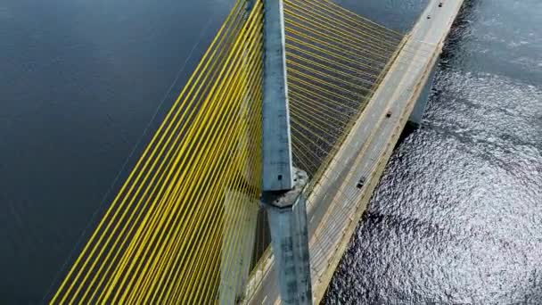 在巴西马瑙斯市中心著名的电缆停留在巴西马瑙斯市中心的黑河上游的桥上 明信片马瑙斯市 建筑交通风景 具有里程碑意义的电缆桥户外城市场景 — 图库视频影像