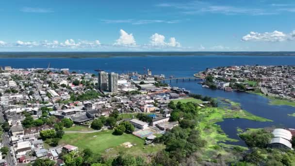 Cityscape Στο Κέντρο Του Manaus Βόρεια Περιοχή Της Βραζιλίας Ποταμού — Αρχείο Βίντεο