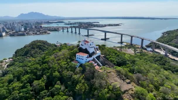 Nachtlandschaft Des Berühmten Penha Church Convent Postkarte Von Vila Velha — Stockvideo