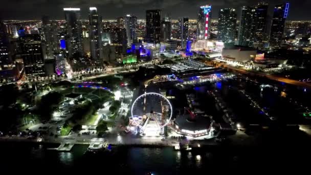 Майами Горизонт Ночью Ночной Воздушный Пейзаж Центра Майами Флорида Сша — стоковое видео