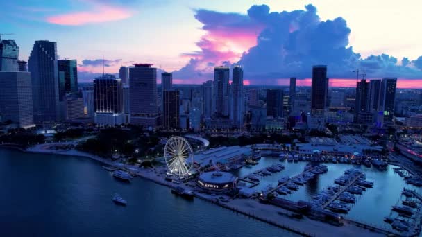 Miami Florida Eua Paisagem Pôr Sol Aéreo Centro Cidade Miami — Vídeo de Stock