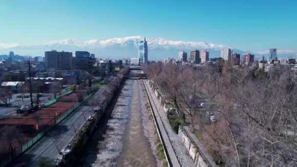 Santiago Chile Légi Tájképe Andok Hegység Közelében Turisztikai Látványosság Városi — Stock videók