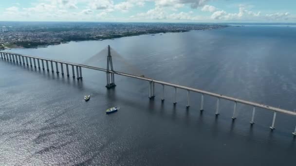 Innenstadt Von Manaus Brasilien Berühmte Schrägseilbrücke Über Dem Black River — Stockvideo