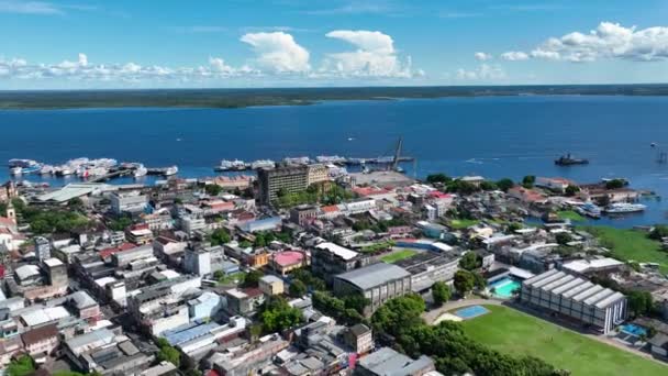 Cityscape Στο Κέντρο Του Manaus Βόρεια Περιοχή Της Βραζιλίας Ποταμού — Αρχείο Βίντεο