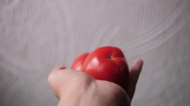 Arka plan olarak beyaz desenli iki domates tutuyor.