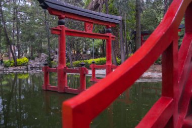 Geleneksel Japon kapısı ve havuzu Masayoshi Ohira Parkı 'nda.