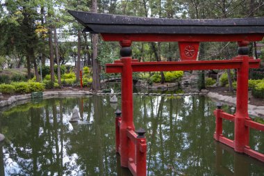 Geleneksel Japon kapısı ve havuzu Masayoshi Ohira Parkı 'nda.