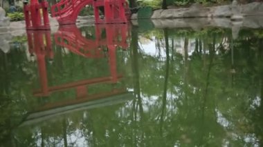 Geleneksel Japon kapısı ve havuzu Masayoshi Ohira Parkı 'nda.