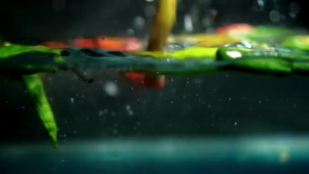 五彩缤纷的新鲜辣椒辣椒与飞溅的水花一起落入水中 — 图库视频影像