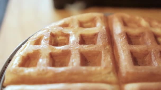 Nahaufnahme von köstlichen runden Waffeln auf grauen Waffelmacher — Stockvideo