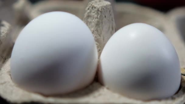 Рука кладет яйцо в коробку с еще двумя яйцами — стоковое видео
