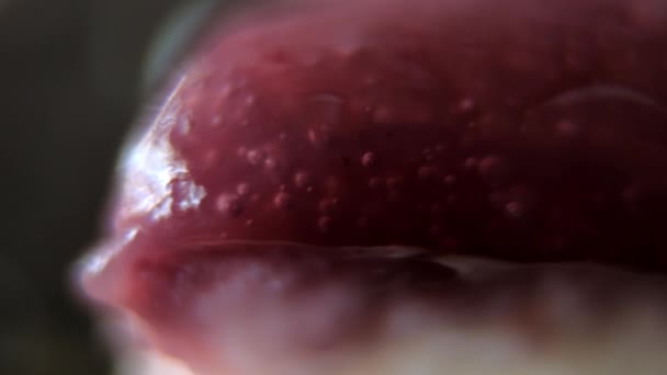 Close-up dari selai strawberry yang tampak lezat dengan latar belakang gelap — Stok Video