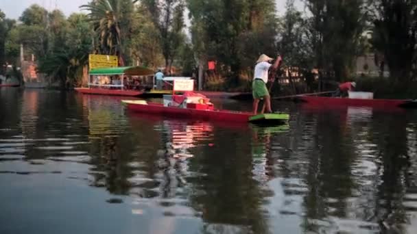 Toeristen en gondelaars in traditionele trajineras met bomen als achtergrond — Stockvideo