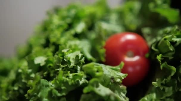 Frische Tomaten über großem Salat und schwarzem Hintergrund — Stockvideo