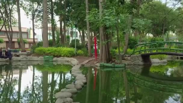 Masayoshi Ohira parkında ağaçlarla çevrili taşlı patika ve gölet — Stok video