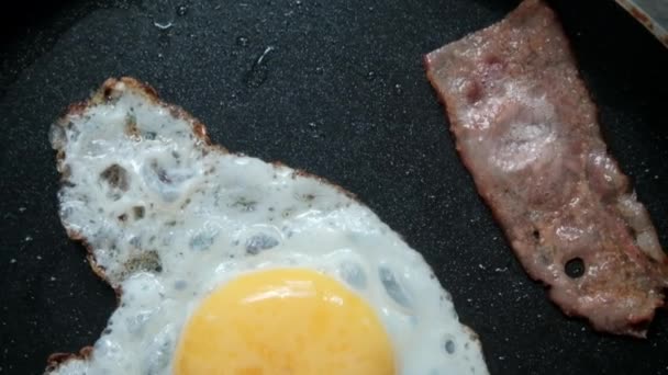 Delicious fried egg and bacon strips on a frying pan — Stock Video