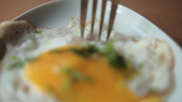 Pastırma şeritleri ve doğranmış otlarla tabakta leziz kızarmış yumurta dürten çatal. — Stok video