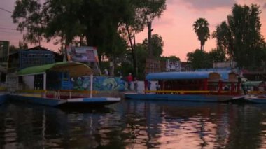 Xochimilco Gölü 'nde günbatımının altında geleneksel renkli trajineralar.