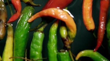 Renkli ince ve taze kırmızı biberler suyun üzerinde yüzüyor.