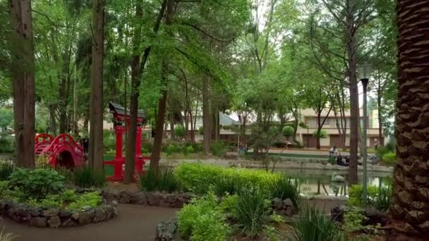 Caminhos de terra no parque com portão tradicional japonês e lagoa como fundo — Vídeo de Stock