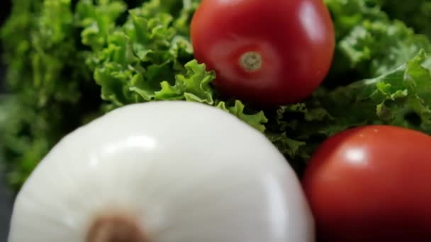 Fresh onion and tomatoes on top of big lettuce with black background — Stock Video