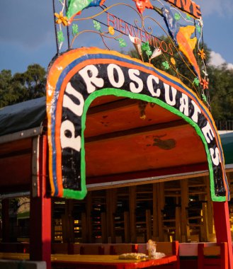 Bulutlu gökyüzü ve arka planda ağaçlarla geleneksel ve renkli trajinera